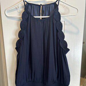 WHBM Scalloped Embroidered Detail Navy Blue Halter Top Size 8